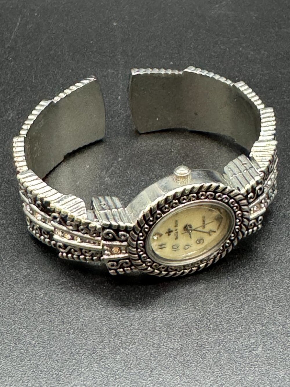 Vintage Woman Silver Tone Watch Open Bangle Quartz Rhinestones Oval Face *read*
